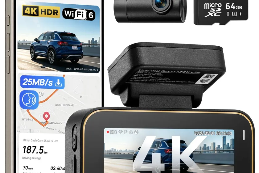 70mai A810 Lite 4K dash cam with screen showing night road footage