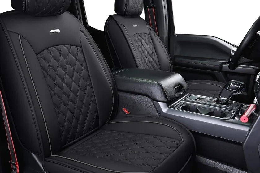 Aierxuan black waterproof leather full set seat covers fitted to the front and rear seats of a Ford F-350 crew cab
