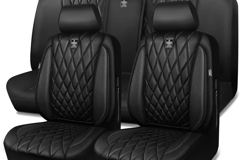 Pure black CAR PASS piping luxury faux leather seat covers shown on a full set of car seats