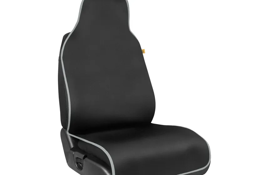 Black CAT Caterpillar waterproof neoprene front seat cover with gray trim on a single truck seat