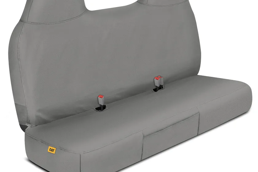 Cat Oxford gray custom fit front bench seat cover with utility pockets on an older Ford F-350 Super Duty bench seat
