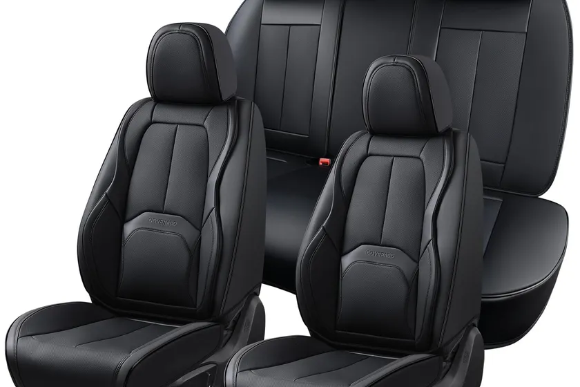 Black Coverado premium Nappa leather seat covers with built-in lumbar support on car seats