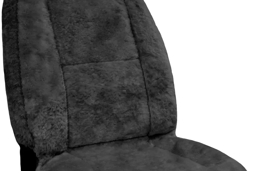 Gray Eurow Australian merino sheepskin car seat cover draped over a single front seat