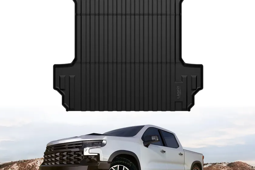 LASFIT black TPE truck bed mat custom fit to the Chevy Silverado 1500 5.8 foot bed floor