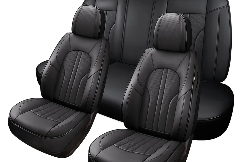 Black MINGBRON Nappa leather car seat covers with contrast stitching installed in a car interior