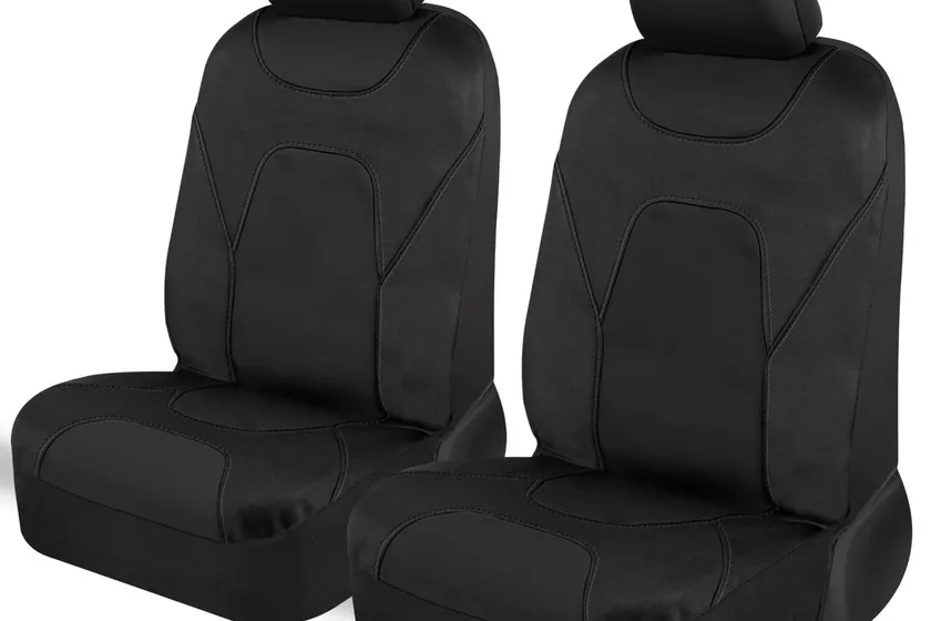 Black Motor Trend AquaShield neoprene front seat covers installed on a pair of car seats