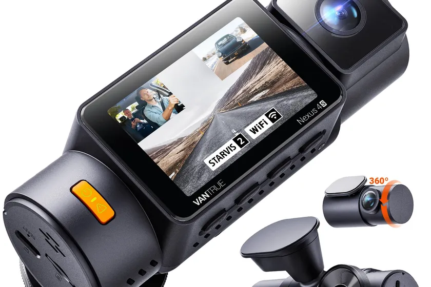 Vantrue N4S three channel dash cam showing front, cabin, and rear camera views