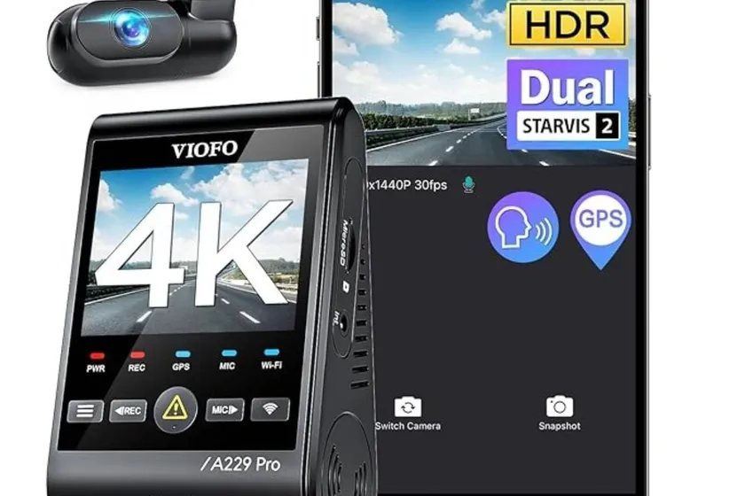 VIOFO A229 Pro front and rear dash cam units with mounts and screen showing live view