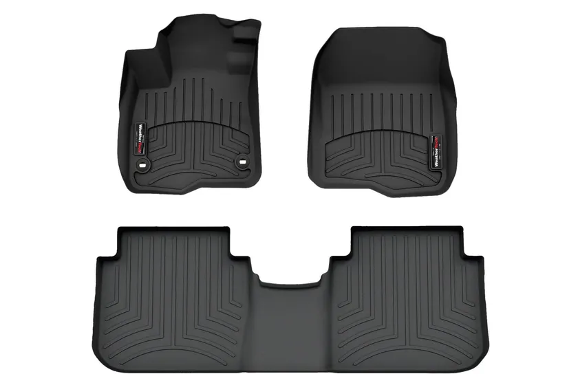 WeatherTech Custom Fit FloorLiner set in black showing molded first and second row liners with raised perimeter walls