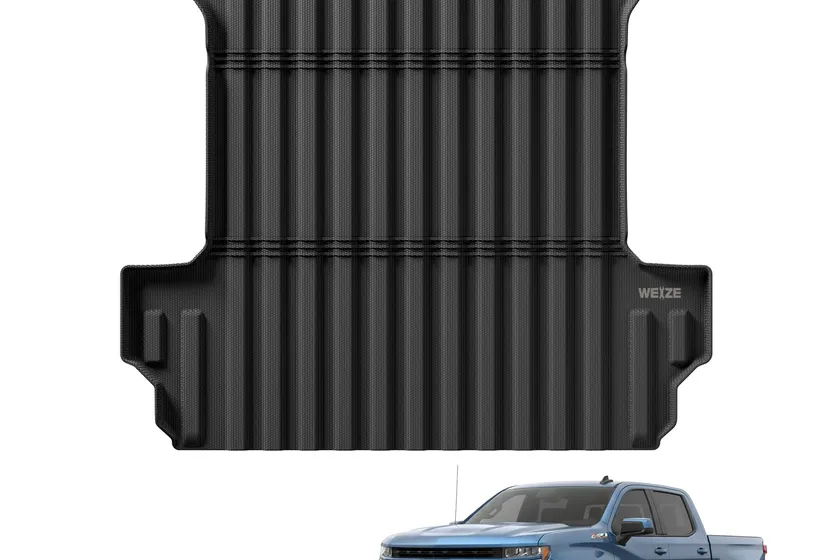 WEIZE black TPE truck bed mat fitted to a Chevy Silverado 1500 5.8 foot bed